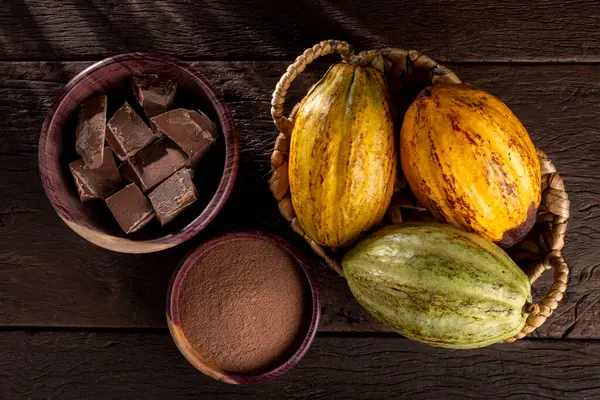 Kakao Med Chokladbitar Och Chokladpulver Bordet — Stockfoto