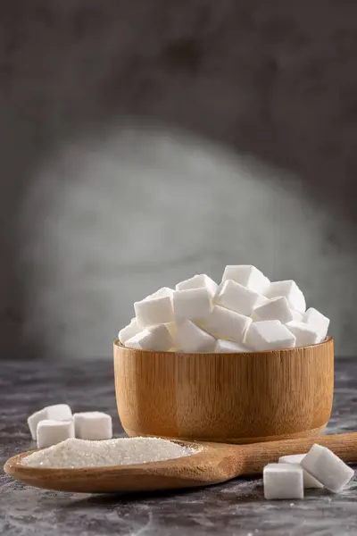 White Sugar Cubes Wooden Bowl — Stock Photo, Image