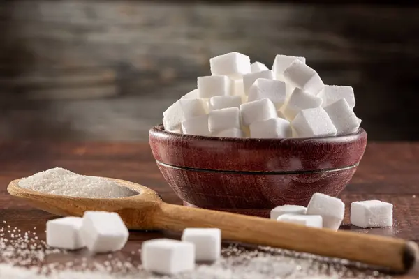 White Sugar Cubes Wooden Bowl — Stock Photo, Image