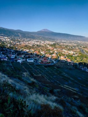Muz tarlalarının güzel vadisinde bulunan La Orotava tarihi kasabasının manzarası ve manzarasına bakın..