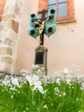 Heiligenkreuz, Avusturya - 14 Nisan 2024: Stift Heiligenkreuz manastırının iç ve dış detayları hakkında genel görüş