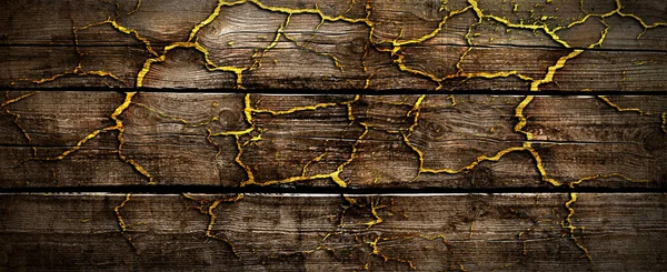 Dunkle Holzdielen Vintage Mit Goldenen Brennenden Vulkanischen Linien — Stockfoto