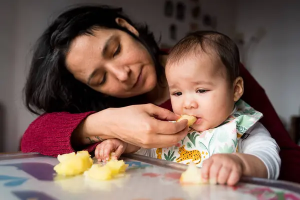 stock image Portrait of mother and baby sitting at the table, and feeding her with food and fruit. close up. The concept of feeding and weaning baby from the breast. Hispanic family