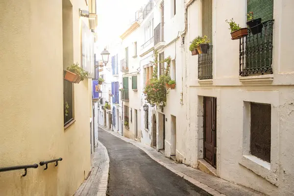 Katalonya bölgesindeki geleneksel İspanyol Sitges kasabasında beyaz evleri ve çiçekleri olan küçük cadde manzarası