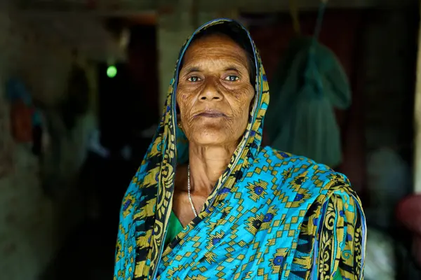 Sundarbans, Hindistan - 23 Ekim 2023: Hindistan 'ın kırsal kesimindeki küçük bir köyde evinin içinde geleneksel bir sari giyen yaşlı bir Hintli dulun portresi.