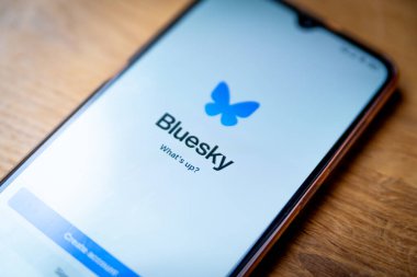 Barselona, İspanya - 21 Kasım 2024: Bluesky sosyal medya uygulamasının logosu bir cep telefonunun ekranında görülüyor. Bluesky, Twitter ve Mastodon 'da bir rakip.