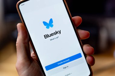 Barselona, İspanya - 21 Kasım 2024: Bluesky sosyal medya uygulamasının logosu bir cep telefonunun ekranında görülüyor. Bluesky, Twitter ve Mastodon 'da bir rakip.