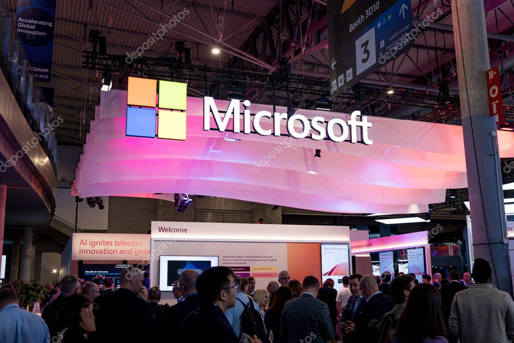 Barcelona, Spain - 4 March 2025: The Microsoft logo is seen at the Mobile World Congress 2025 (MWC) at the Fira de Barcelona.