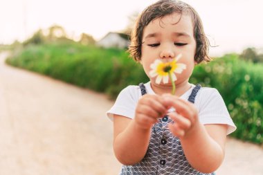 Küçük kız bahar aylarında açık havada papatya topluyor. Çiçek topluyor, doğanın tadını çıkarıyor. Kırsalda faaliyet kavramı ve çocukluğun tadını çıkarıyor.