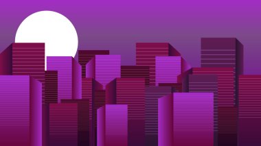 Pembe renkli retro tarzı bina gece vakti izah edici video animasyonu 4K 60FPS, 2D binalar yüksek çözünürlüklü şehir ışığı animasyonu.