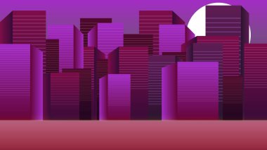 Pembe renkli retro tarzı bina gece vakti izah edici video animasyonu 4K 60FPS, 2D binalar yüksek çözünürlüklü şehir ışığı animasyonu.