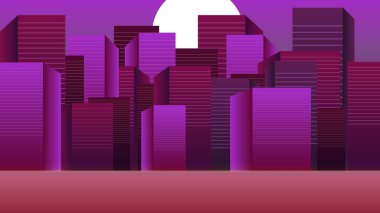 Pembe renkli retro tarzı bina gece vakti izah edici video animasyonu 4K 60FPS, 2D binalar yüksek çözünürlüklü şehir ışığı animasyonu.