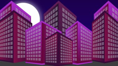 Pembe renkli retro tarzı bina gece vakti izah edici video animasyonu 4K 60FPS, 2D binalar yüksek çözünürlüklü şehir ışığı animasyonu.