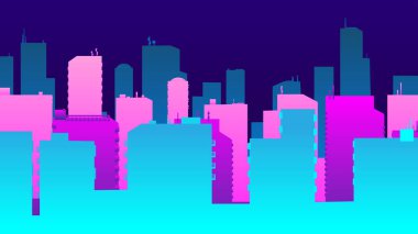 Renkli 2D karikatür benzeri şehir binaları gece animasyon zamanı, gökyüzünde yükselen bir ay, 4K 60FPS.