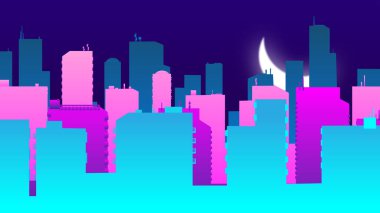 Renkli 2D karikatür benzeri şehir binaları gece animasyon zamanı, gökyüzünde yükselen bir ay, 4K 60FPS.