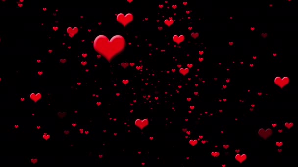 ブラックバックに浮かぶ4Kロマンチックなバックグラウンドを浮かべたバレンタインデーのバックグラウンドの赤いハートの動き 愛のシンボル 赤く輝く心のアニメーション — ストック動画