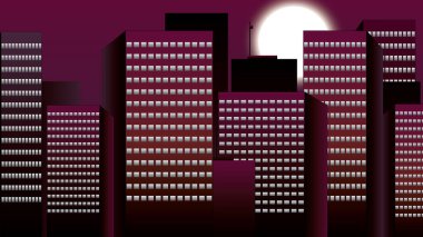 Düz 2D açıklayıcı animasyon şehir ışıklarıyla Ay 'ın ve uzun gökdelenlerle Ay' ın canlandırması.