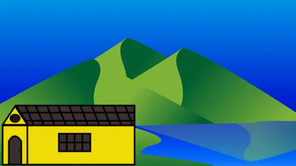 2D flat cartoons like mountains and a single hut, flat 2D computer animation.