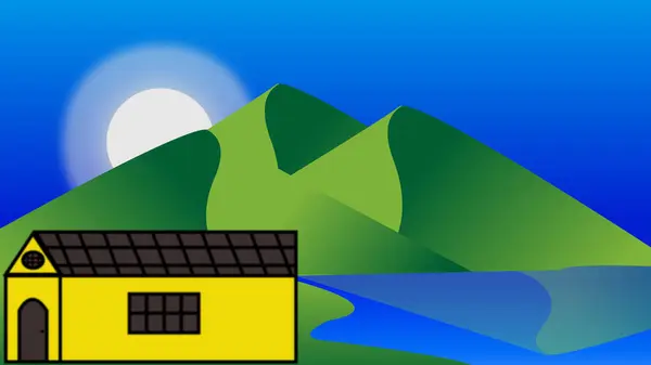 2D flat cartoons like mountains and a single hut, flat 2D computer animation.