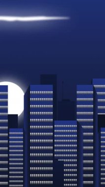 Daire 2D Açıklayıcı Animasyon Videosu the Moon Over City Lights & Skyscrapers - 124; Modern Şehir Nightscape with Moon, Tall Buildings, & Vibrant City Lights - 124; Yüksek Kaliteli Animasyon