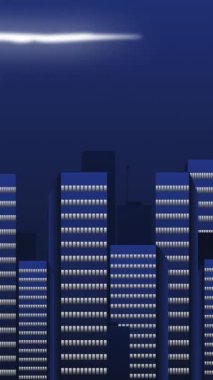 Daire 2D Açıklayıcı Animasyon Videosu the Moon Over City Lights & Skyscrapers - 124; Modern Şehir Nightscape with Moon, Tall Buildings, & Vibrant City Lights - 124; Yüksek Kaliteli Animasyon