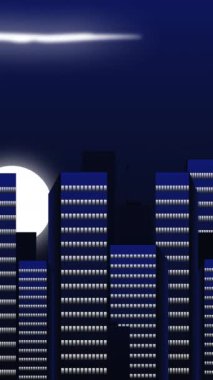 Daire 2D Açıklayıcı Animasyon Videosu the Moon Over City Lights & Skyscrapers - 124; Modern Şehir Nightscape with Moon, Tall Buildings, & Vibrant City Lights - 124; Yüksek Kaliteli Animasyon