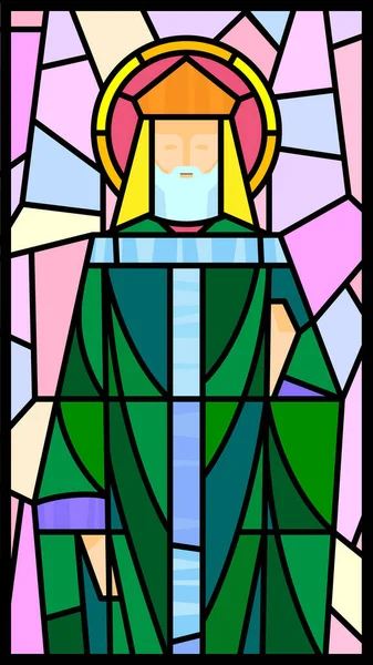 緑の服の聖人とカラフルなステンドグラスの窓 — ストックベクタ