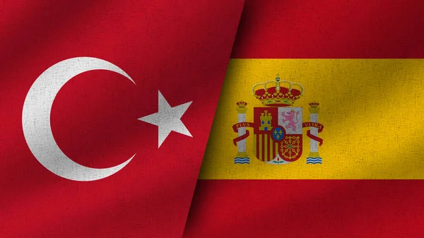 西班牙和土耳其现实的两条旗在一起 3D说明 — 图库照片