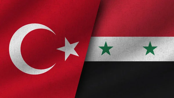 Sýrie Turecko Realistické Dvě Vlajky Dohromady Ilustrace — Stock fotografie