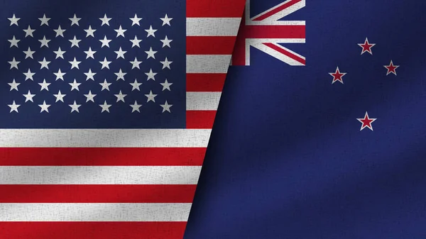 ニュージーランドとアメリカ Realistic Two Flags Together 3Dイラスト — ストック写真
