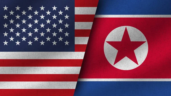 Nordkorea Und Die Usa Realistische Zwei Flaggen Zusammen Illustration — Stockfoto