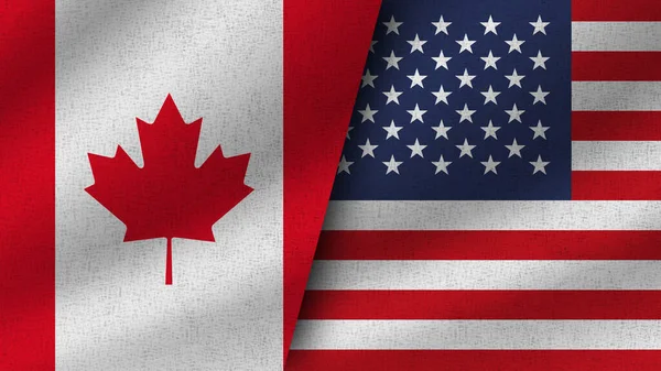 美国和加拿大现实的两条旗在一起 3D说明 — 图库照片