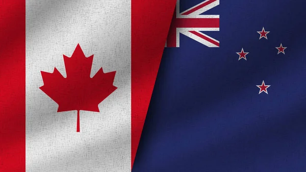 Nowa Zelandia Kanada Realistyczne Dwie Flagi Razem Ilustracja — Zdjęcie stockowe