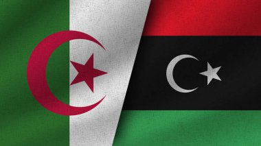 Libya ve Cezayir Gerçekçi İki Bayrak Birarada, 3D Görüntü