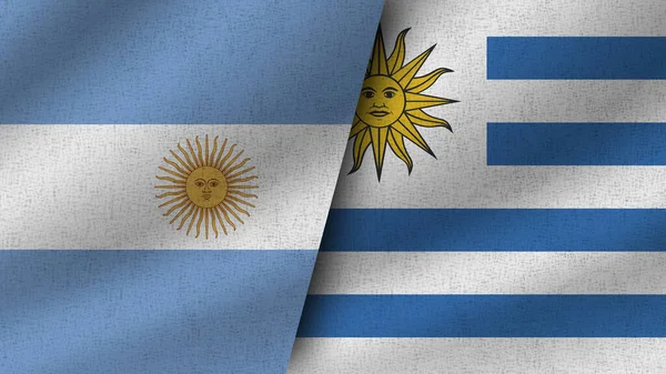Ουρουγουάη Και Αργεντινή Ρεαλιστικές Δύο Σημαίες Μαζί Εικονογράφηση — Φωτογραφία Αρχείου