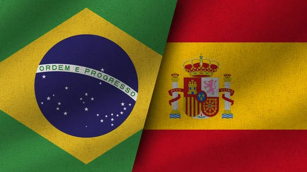 Spain Brazil Realistic Two Flags Together Illustration — Stock Photo, Image