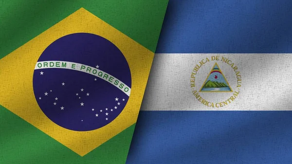 Nicaragua Brazilië Realistische Twee Vlaggen Samen Illustratie — Stockfoto