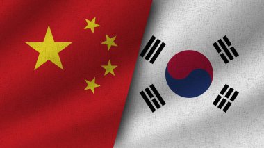 Güney Kore ve Çin Gerçekçi İki Bayrak Birlikte, 3D Görüntü