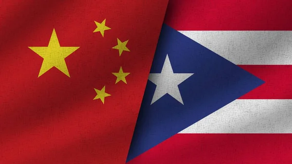 stock image Puerto Rico and China Realistic Two Flags Together, 3D Illustration