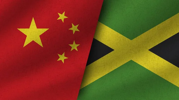 Jamajka Chiny Realistyczne Dwie Flagi Razem Ilustracja — Zdjęcie stockowe