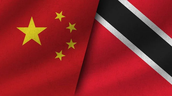 Trinidad Tobago Čína Realistické Dvě Vlajky Dohromady Ilustrace — Stock fotografie