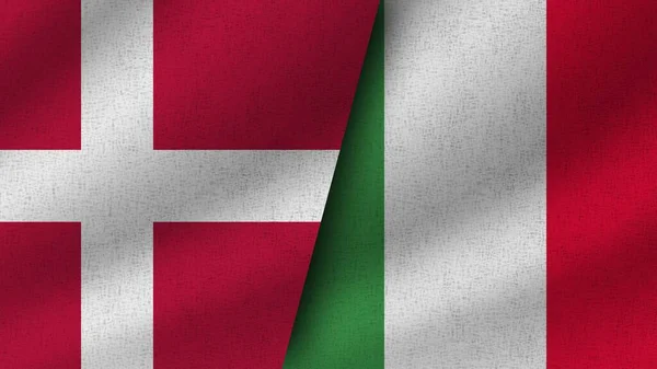 Włochy Dania Realistyczne Dwie Flagi Razem Ilustracja — Zdjęcie stockowe