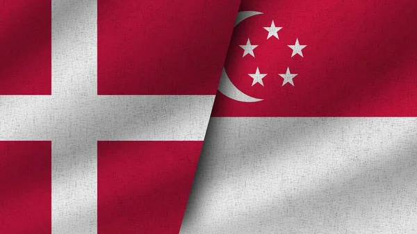 Singapore Denemarken Realistische Twee Vlaggen Samen Illustratie — Stockfoto