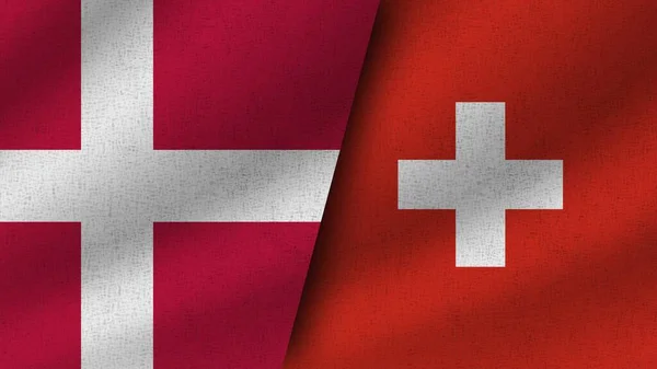 Szwajcaria Dania Realistyczne Dwie Flagi Razem Ilustracja — Zdjęcie stockowe