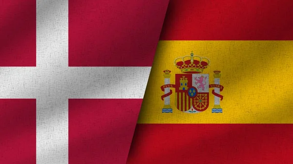 Испания Дания Реалистичные Два Флага Вместе Иллюстрация — стоковое фото
