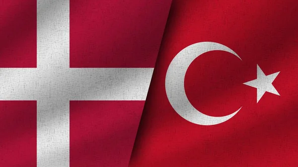 Turcja Dania Realistyczne Dwie Flagi Razem Ilustracja — Zdjęcie stockowe