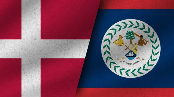 Belize Denemarken Realistische Twee Vlaggen Samen Illustratie — Stockfoto