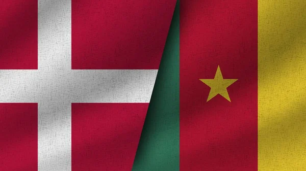 Kamerun Och Danmark Realistiska Två Flaggor Tillsammans Illustration — Stockfoto