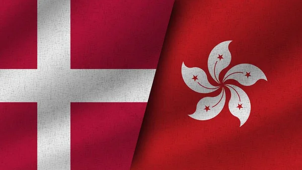 Hong Kong Denemarken Realistische Twee Vlaggen Samen Illustratie — Stockfoto