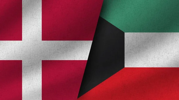 Kuwait Denmark Realistic Two Flags Together Illustration — 图库照片